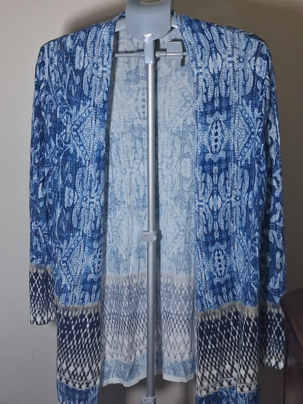 Chico's Blue and White Knit Open Front Long Duster Cardigan